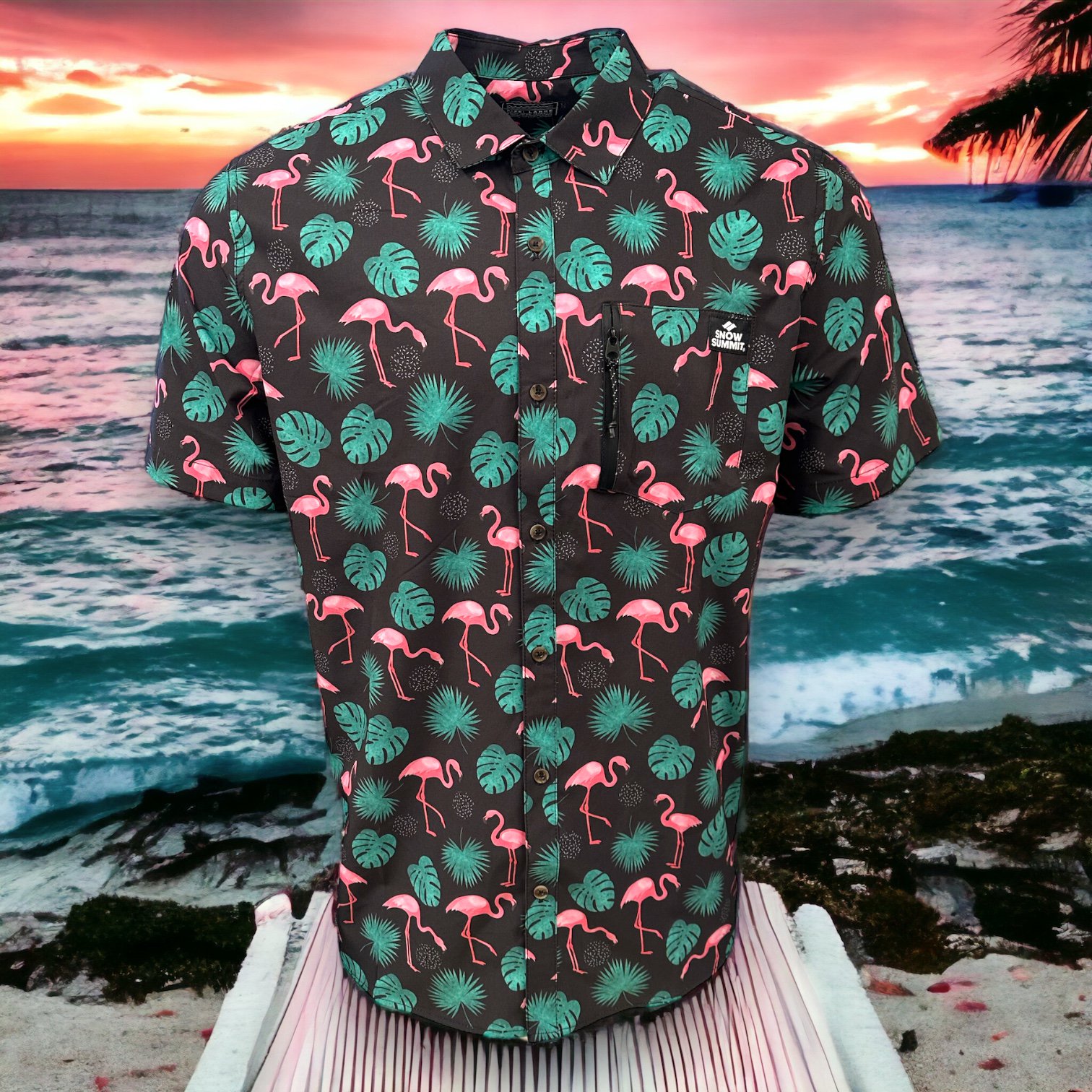 Snow Summit black button up dress shirt with pink flamingos and green tree leaves design